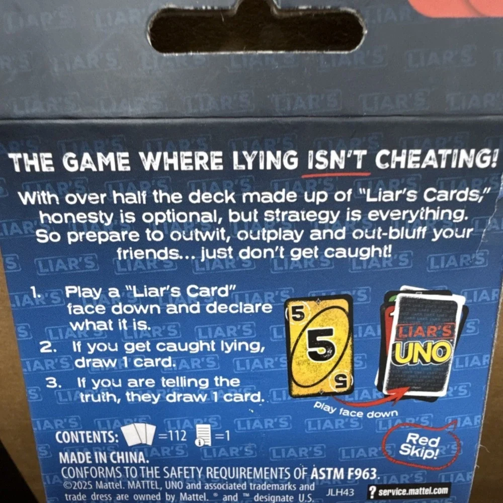 Mattel Liar's UNO Truth Is Optional Strategy Card Game 2-6 Players Ages 8+